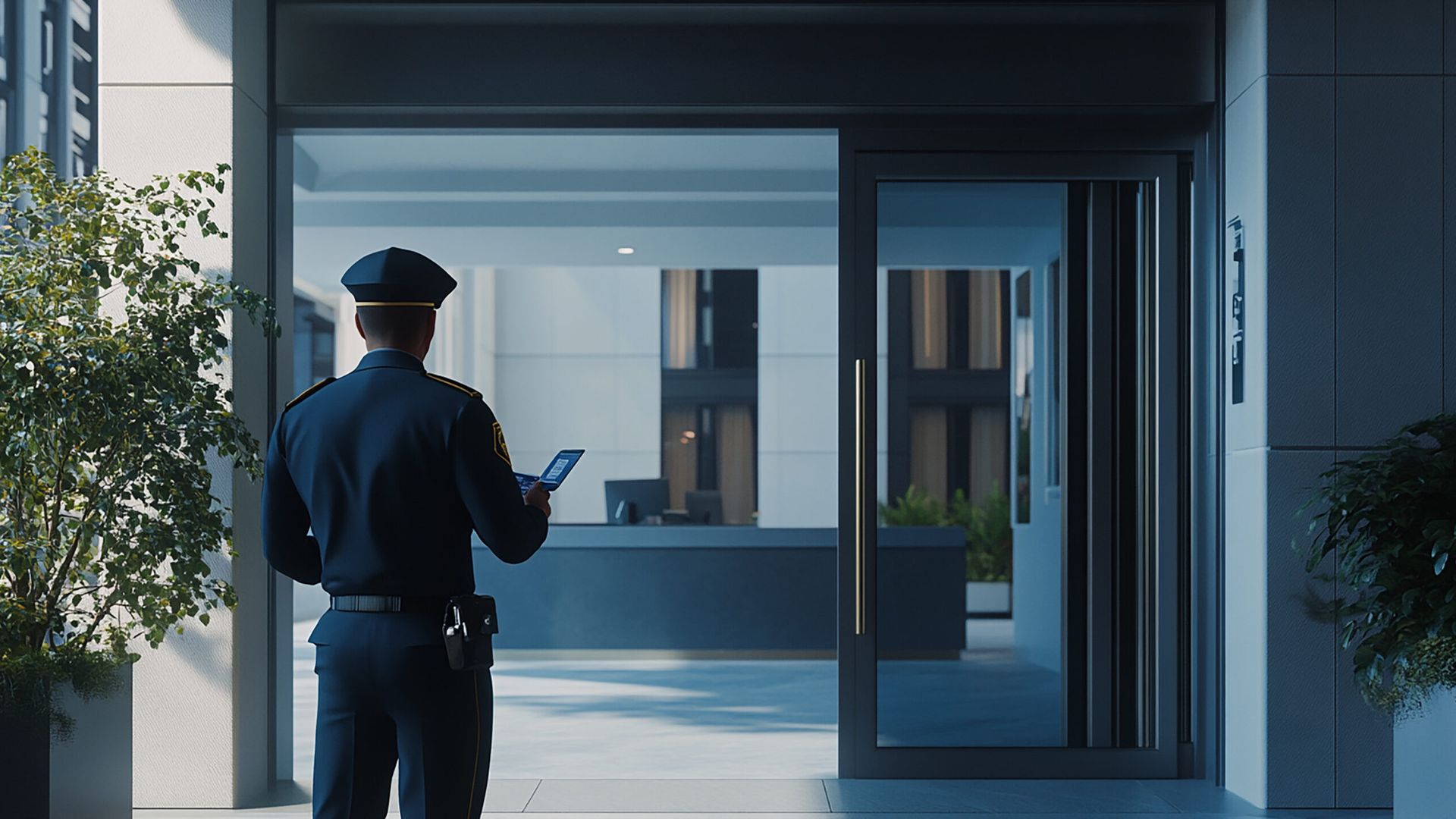 Sicherheitsmitarbeiter von ICE Sicherheit & Service vor einem modernen Gebäude