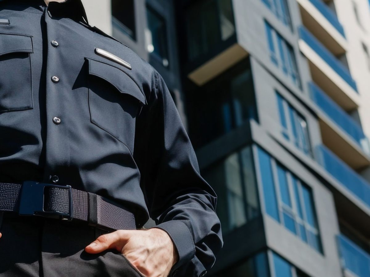 Sicherheitsmitarbeiter im Einsatz vor einem Firmengebäude